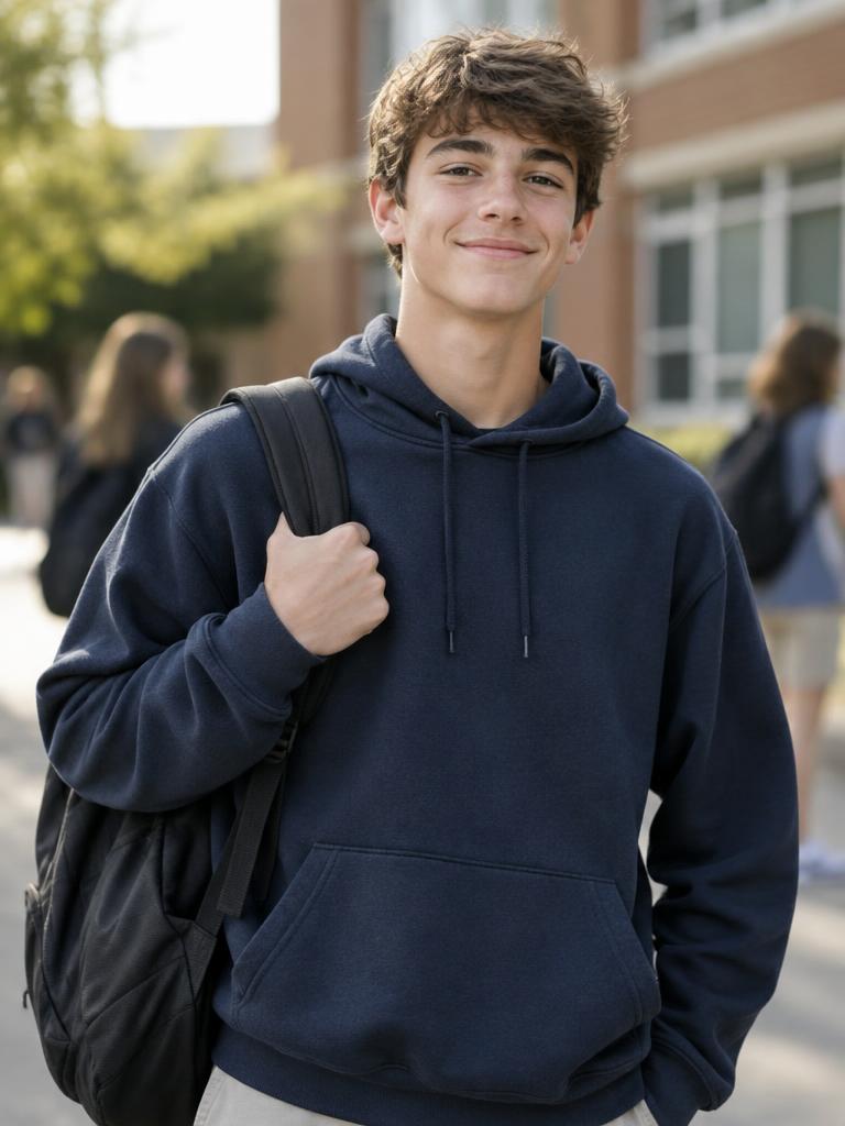 A teenage boy with a backpack smiling confidently